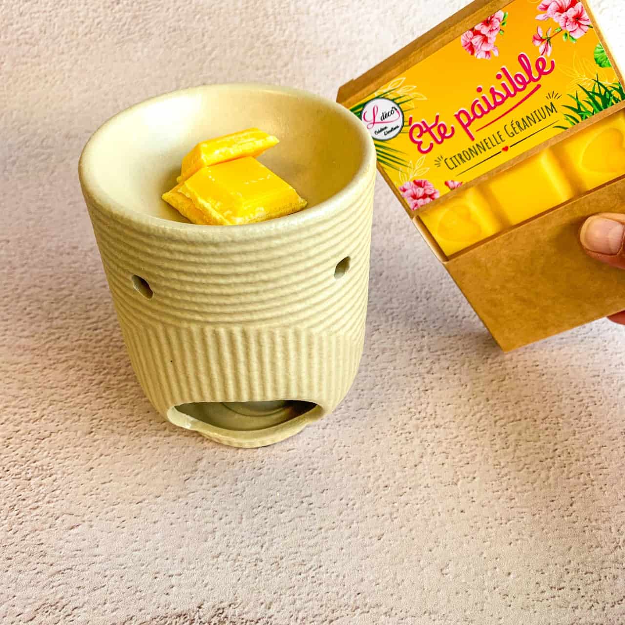 Carreaux de cire parfumée artisanale naturelle Ldéco déposés dans la coupelle d'un brûleur de fondants avant allumage, fondant cire végétale de colza parfum Grasse Made in France Vosges