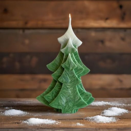 Bougie naturelle décorative en forme de sapin vert et blanc, idéale pour Noël et décoration hivernale