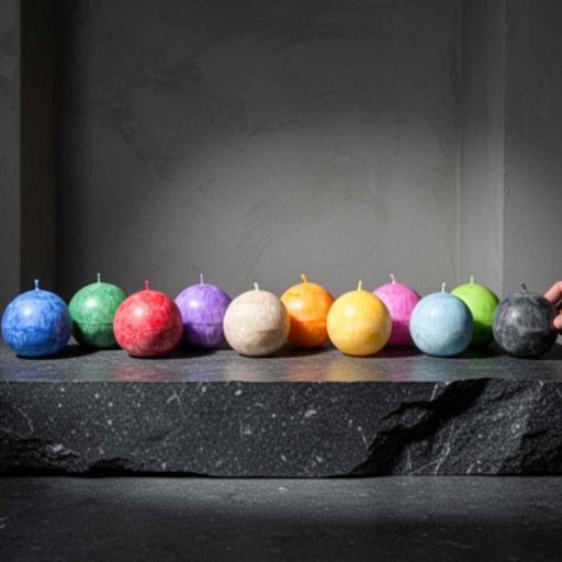 Composition de 12 bougies sphères Collection signature Ldéco teintées dans la masse en cire végétale naturelle, toutes les couleurs avec symbolique, fabrication artisanale Fraize Vosges Made in France