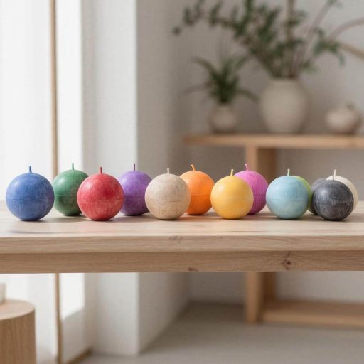 Composition de 12 bougies sphères Collection signature Ldéco teintées dans la masse en cire végétale naturelle, toutes les couleurs avec symbolique, fabrication artisanale Fraize Vosges Made in France