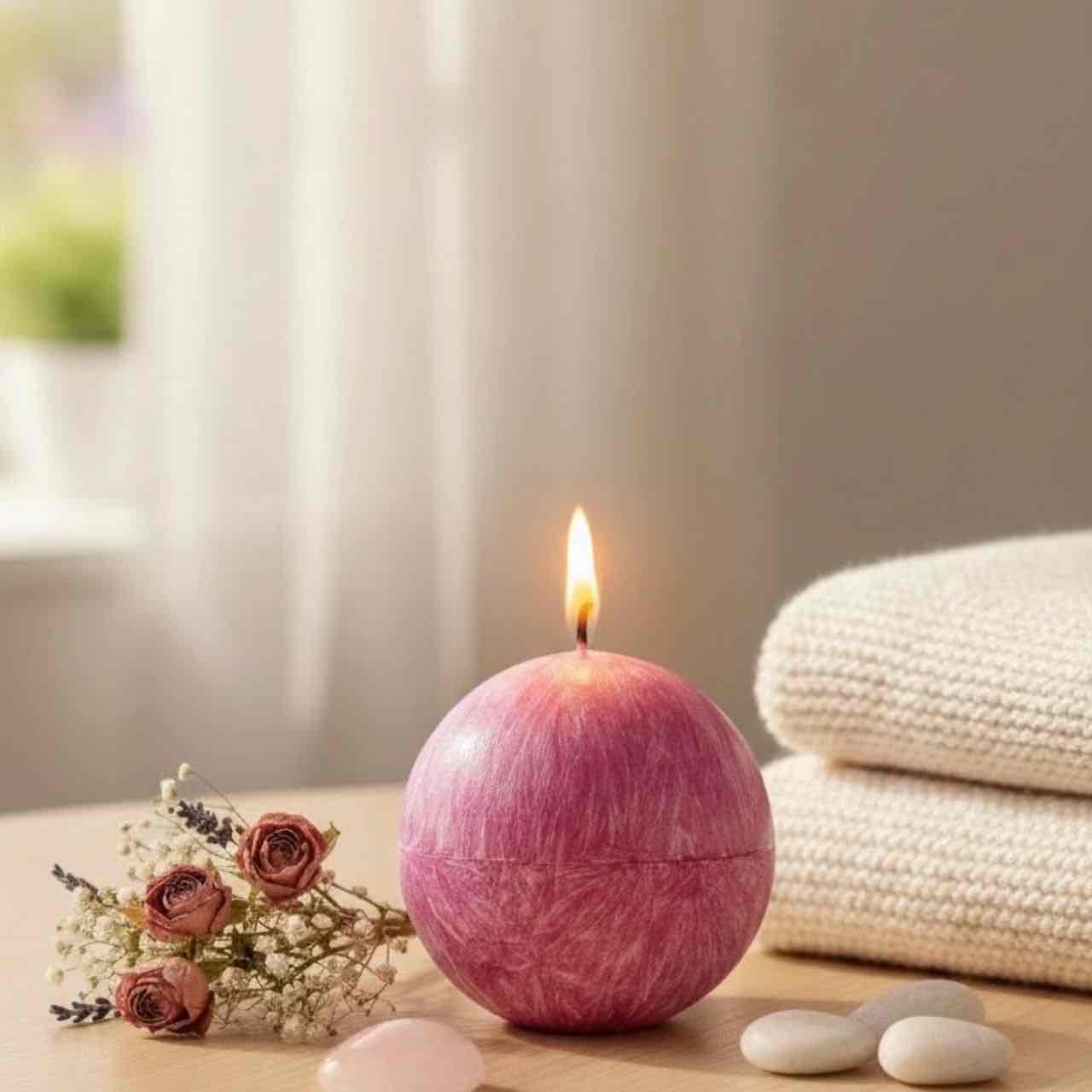 Bougie sphère colorée naturelle artisanale teintée dans la masse allumée dans un intérieur cocooning, cire végétale Ldéco Collection Signature, fabrication artisanale Vosges