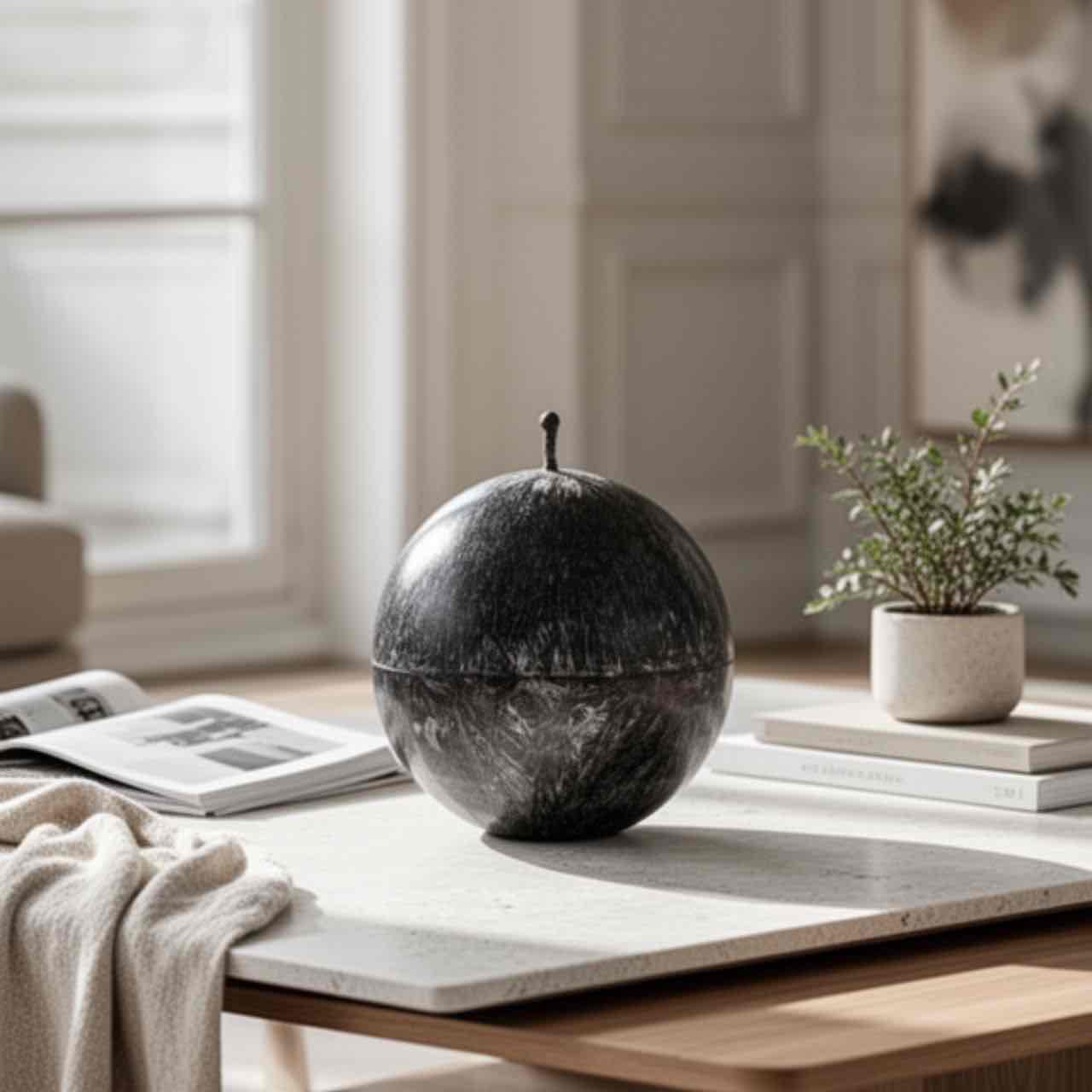 Bougie sphère colorée naturelle artisanale collection signature Ldéco posée en décoration intérieure dans un salon, cire végétale teintée dans la masse sans paraffine, sans parfum, fabrication artisanale Vosges