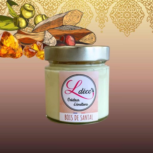 Bougie naturelle parfumée bois de santal en cire végétale artisanale Ldéco , parfum Grasse santal patchouli ambre musc blanc sans CMR ±45h pot verre Fraize Hautes-Vosges Made in France