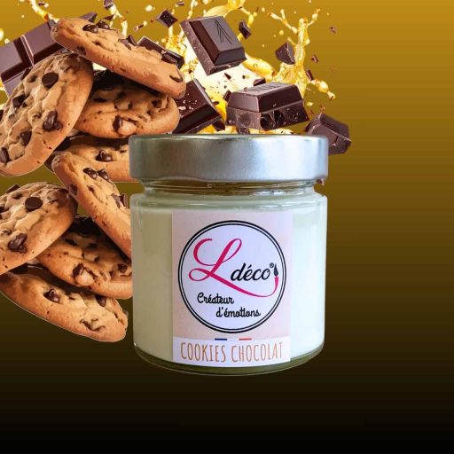 Bougie naturelle parfumée cookies chocolat en cire végétale artisanale Ldéco , parfum Grasse miel chocolat vanille caramel sans CMR ±45h pot verre Fraize Hautes-Vosges Made in France