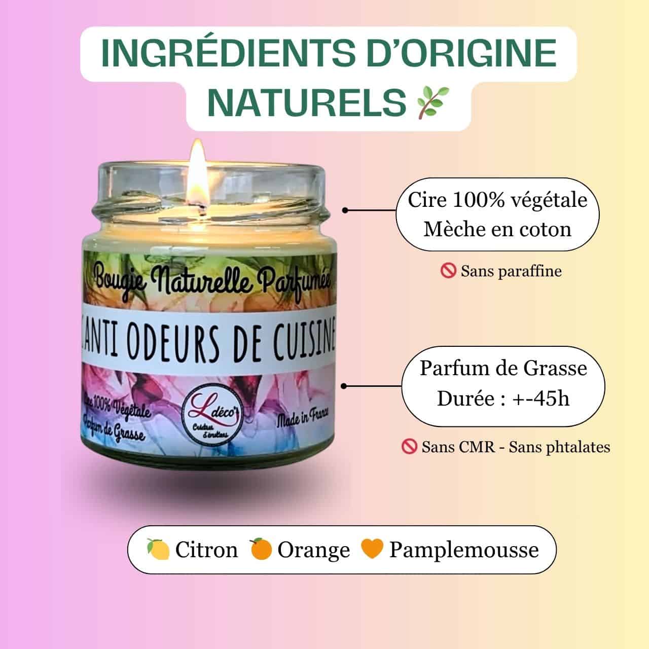 Gros plan cire végétale naturelle bougie anti odeurs de cuisine aux agrumes Ldéco artisanale Made in France Fraize Vosges