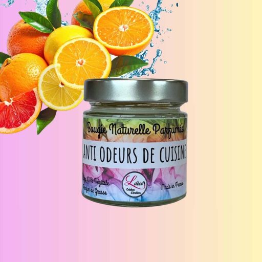 Bougie anti odeurs cuisine au parfum agrumes en cire végétale naturelle, fabriquée à la main par Ldéco dans les Vosges