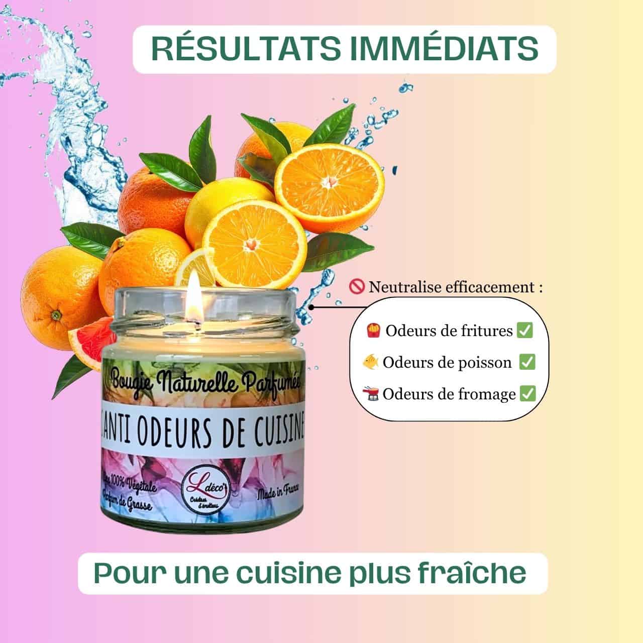 notre bougie naturelle parfumée anti odeurs de cuisine efficace au parfum agrumes en cire végétale, fabriquée à la main par Ldéco dans les Vosges