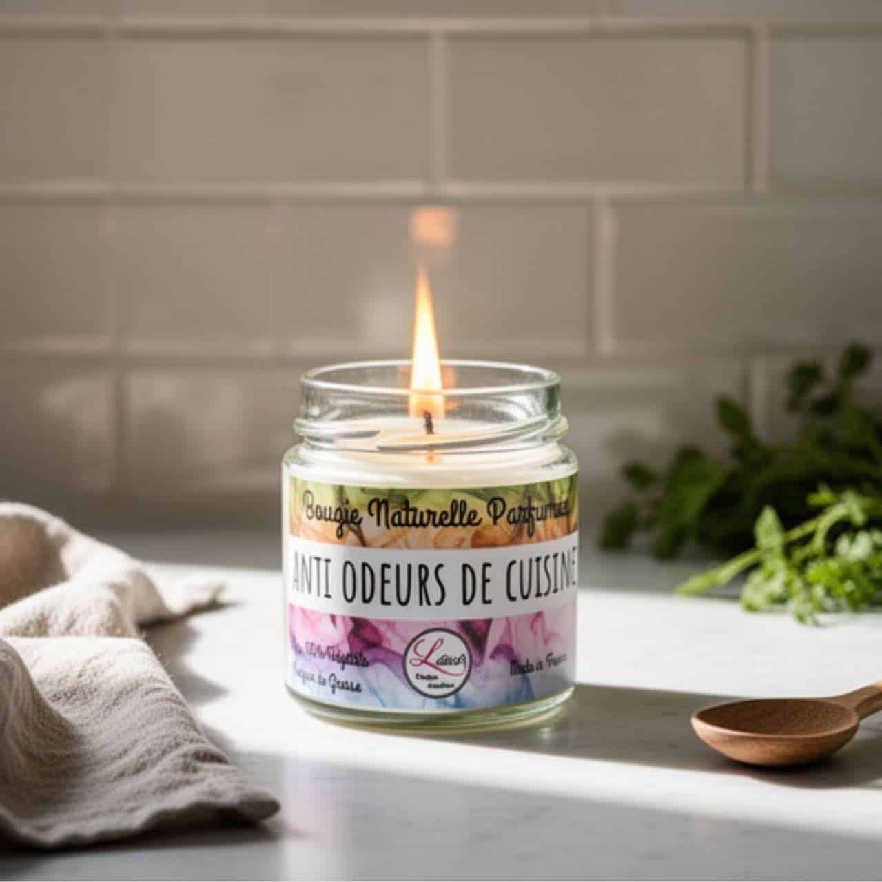 Bougie anti odeurs cuisine naturelle allumée sur un plan de travail, diffusant un parfum agrumes frais après la cuisson