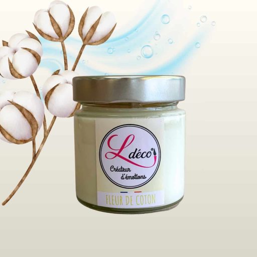 Bougie naturelle parfumée fleur de coton en cire végétale artisanale Ldéco , parfum Grasse rose héliotrope musc vanille sans CMR ±45h pot verre Fraize Hautes-Vosges Made in France