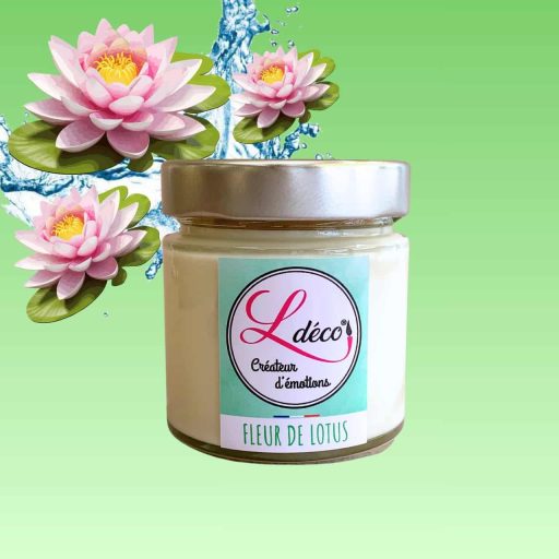 Bougie naturelle parfumée fleur de lotus en cire végétale naturelle artisanale Ldéco , parfum Grasse bergamote lotus musc sans CMR ±45h pot verre Fraize Hautes-Vosges Made in France