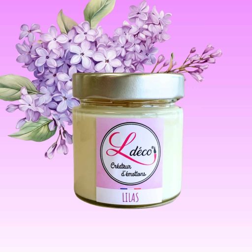 Bougie naturelle parfumée lilas en cire végétale naturelle artisanale Ldéco, parfum Grasse muguet lilas rose jacinthe sans CMR ±45h pot verre Fraize Hautes-Vosges Made in France