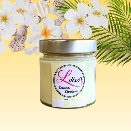 Bougie naturelle parfumée monoï en cire végétale naturelle artisanale Ldéco, parfum Grasse fleur oranger tiaré vanille coco sans CMR ±45h pot verre Fraize Hautes-Vosges Made in France