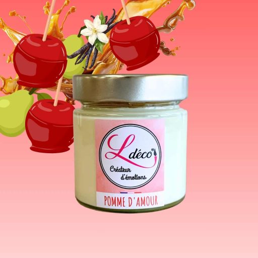 Bougie naturelle parfumée pomme d'amour en cire végétale artisanale Ldéco , parfum Grasse pomme poire caramel vanille sans CMR ±45h pot verre Fraize Hautes-Vosges Made in France