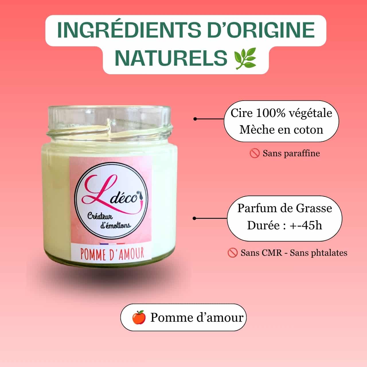 Gros plan ingrédients bougie naturelle parfumée pomme d'amour Ldéco — cire végétale 100% naturelle sans paraffine et mèche coton naturel sans plomb artisanale Made in France Fraize Vosges