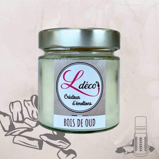 bougie naturelle ldeco au parfum de bois de oud dans un pot en verre transparent