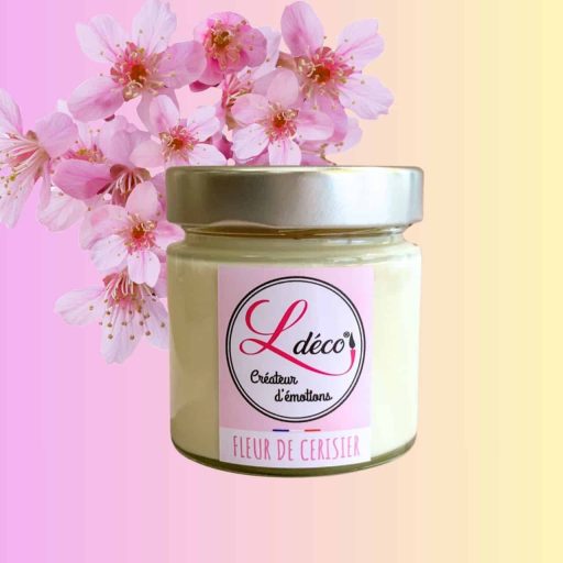 Bougie naturelle parfumée fleur de cerisier en cire végétale artisanale Ldéco, parfum Grasse rose jasmin pêche musc sans CMR ±45h pot verre Fraize Hautes-Vosges Made in France