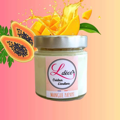 Bougie naturelle parfumée mangue papaye en cire végétale naturelle artisanale Ldéco parfum Grasse citron mangue fruit de la passion sans CMR ±45h pot verre Fraize Vosges Made in France