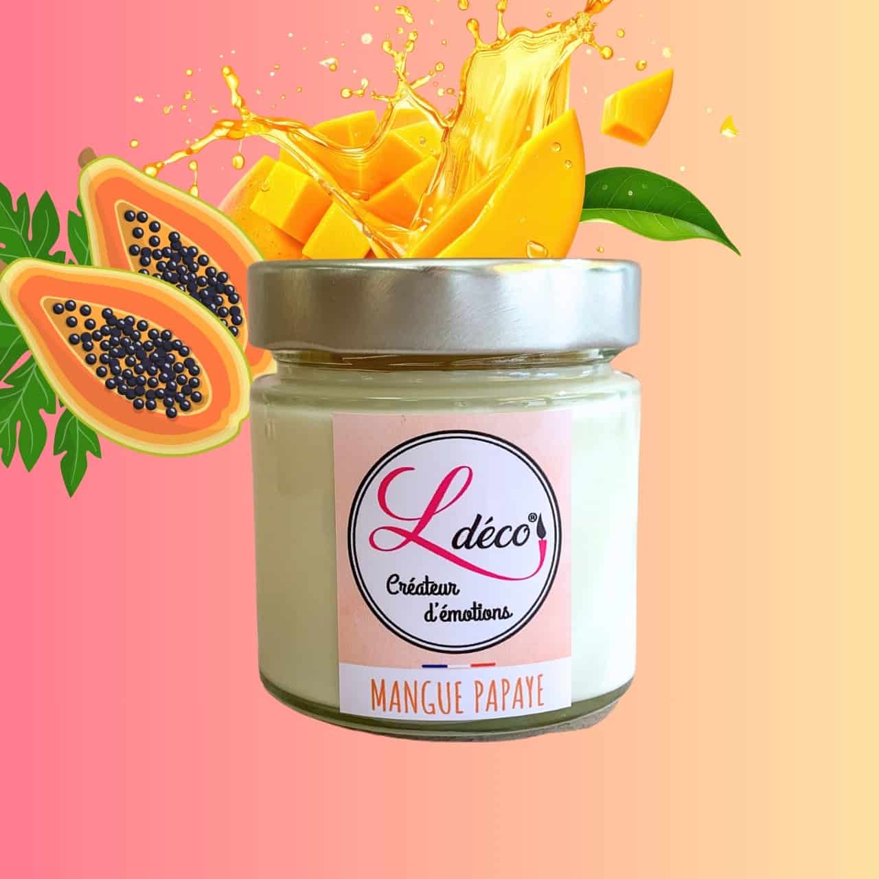 Bougie naturelle parfumée mangue papaye en cire végétale naturelle artisanale Ldéco parfum Grasse citron mangue fruit de la passion sans CMR ±45h pot verre Fraize Vosges Made in France