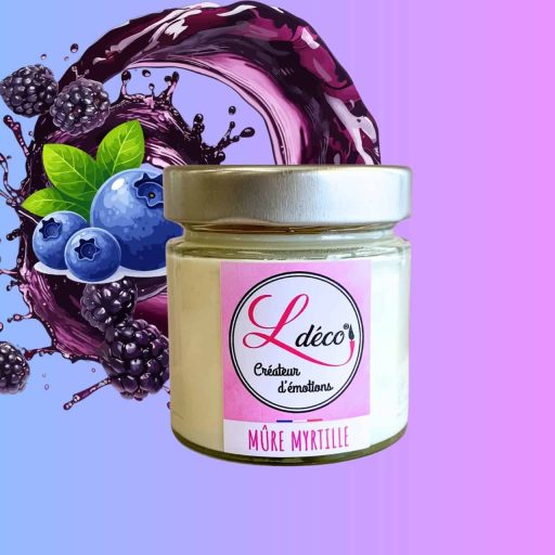 Bougie naturelle parfumée mûre myrtille en cire végétale artisanale Ldéco, parfum Grasse violette mûre myrtille vanille sans CMR ±45h pot verre Fraize Hautes-Vosges Made in France