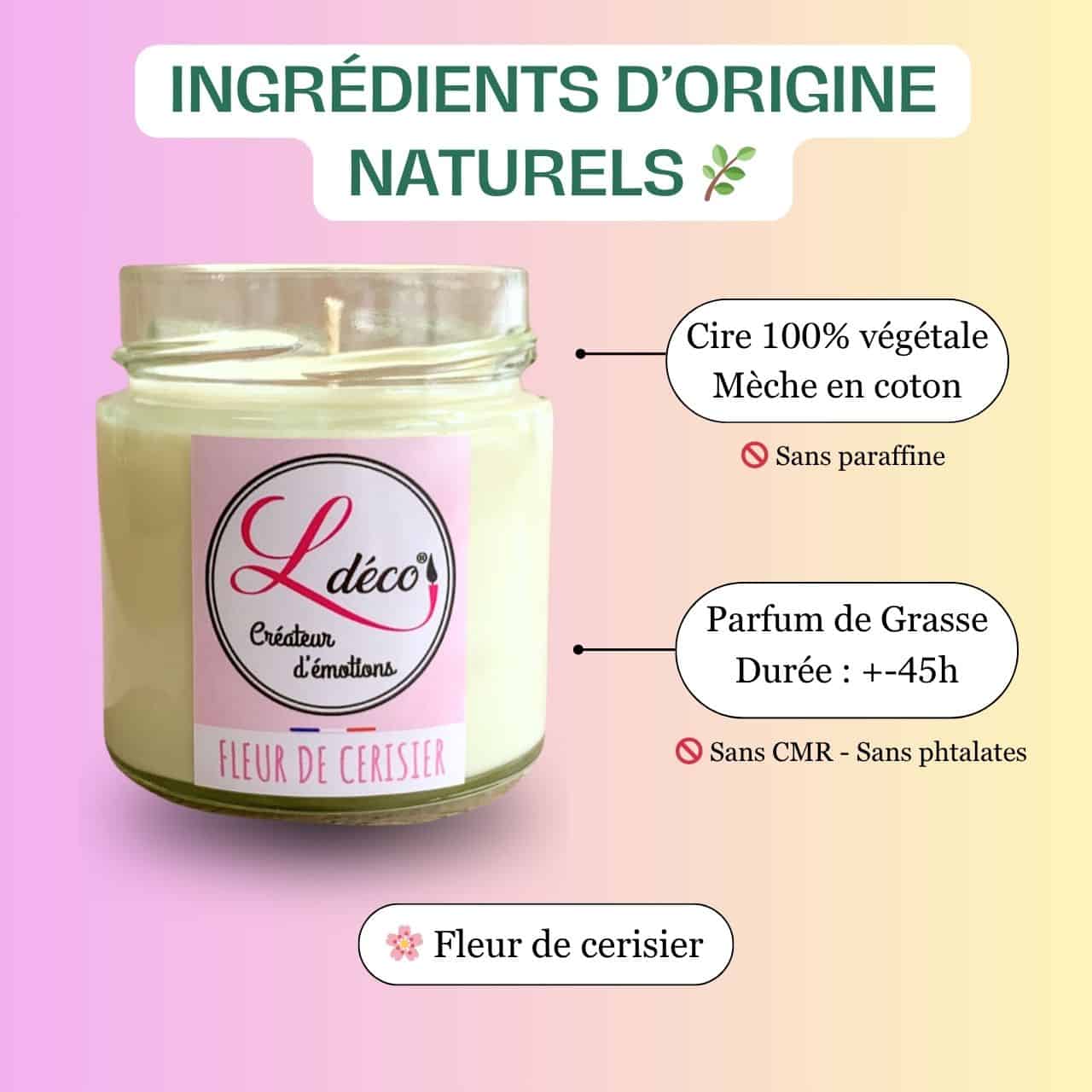 Gros plan ingrédients bougie naturelle parfumée fleur de cerisier Ldéco — cire végétale 100% naturelle sans paraffine et mèche coton naturel sans plomb artisanale Made in France Fraize Vosges