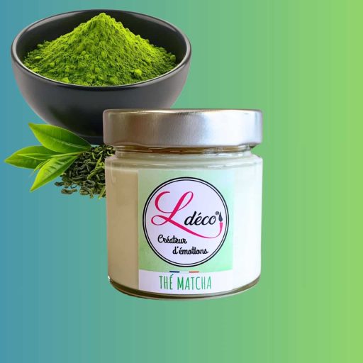 Bougie naturelle parfumée thé matcha en cire végétale naturelle artisanale Ldéco, parfum Grasse bergamote thé vert musc sans CMR ±45h pot verre réutilisable Fraize Hautes-Vosges Made in France