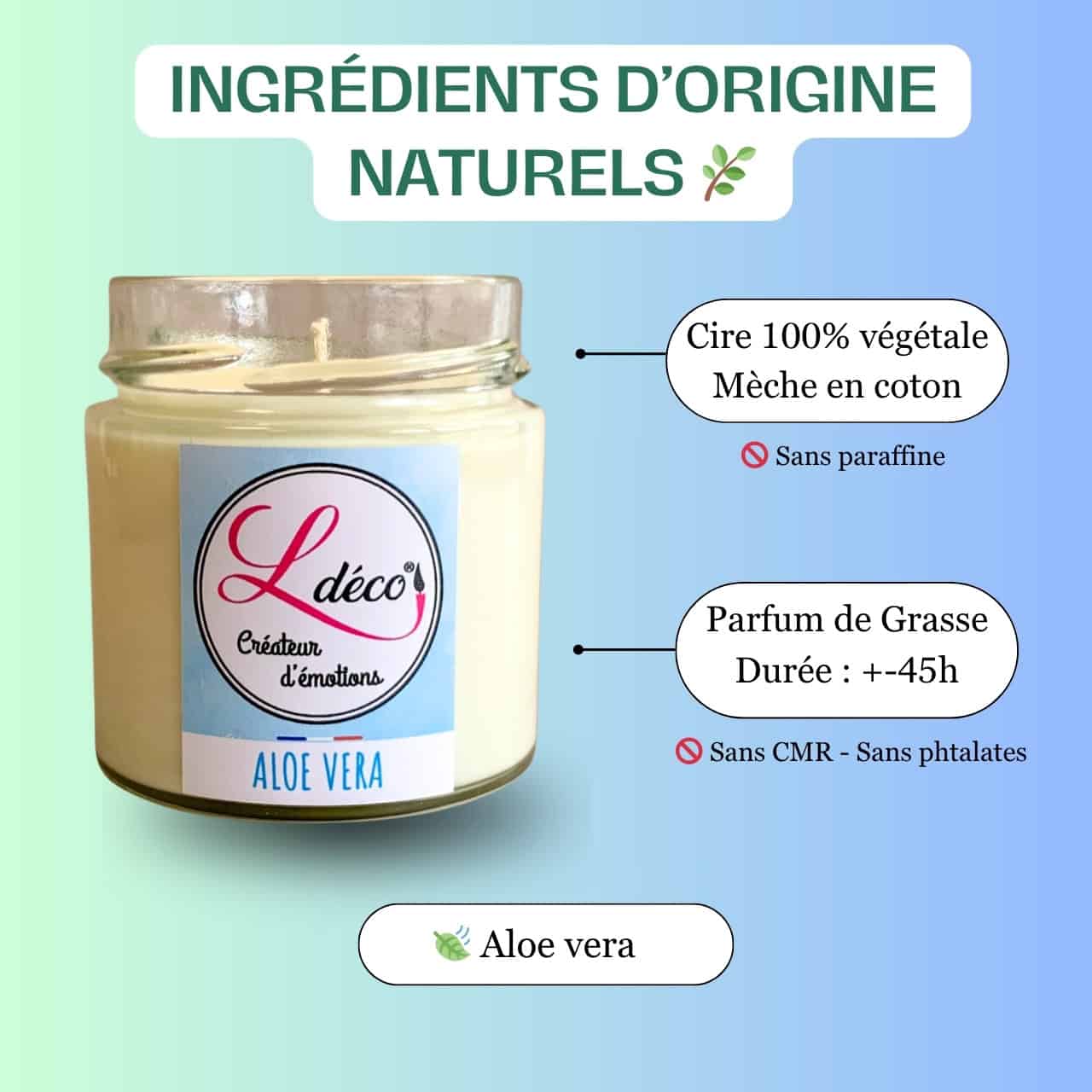 Bougie naturelle parfumée aloé vera Ldéco en pot verre réutilisable sur fond neutre, cire végétale naturelle artisanale Made in France Fraize Vosges, parfum frais Grasse sans CMR