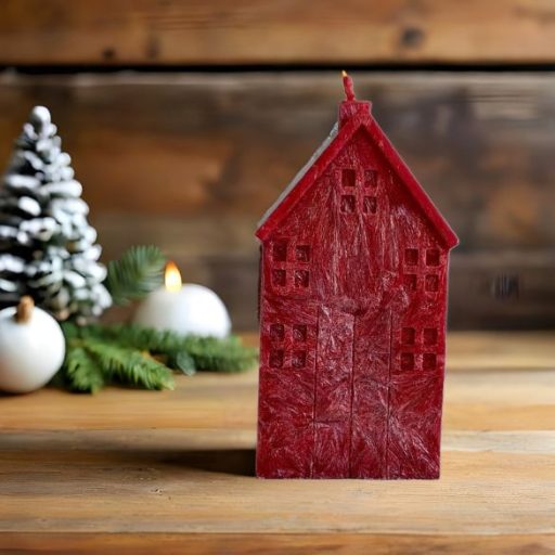Bougie artisanale en forme de maison rouge, sans parfum, idéale pour les décorations de Noël.
