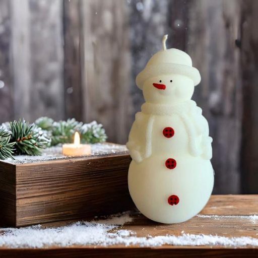 Bougie naturelle bonhomme de neige posée sur une table festive pour les fêtes de fin d’année.
