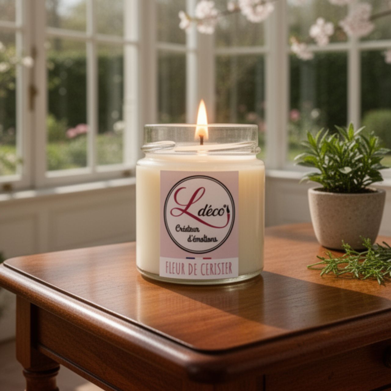 Bougie parfumée fleur de cerisier allumée ambiance douce et relaxante en cire végétale fabriquée à la main