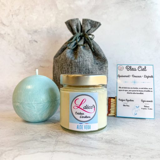 Cadeau duo bougie Balance signe astrologique sphère bleu ciel cire végétale + bougie parfumée aloé vera artisanale dans pochon tissu réutilisable Ldéco Made in France Vosges