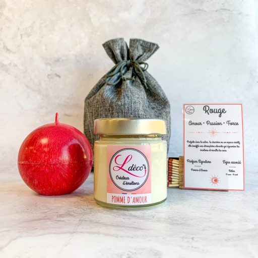adeau duo bougie Bélier signe astrologique sphère rouge cire végétale + bougie parfumée pomme d'amour artisanale dans pochon tissu réutilisable Ldéco Made in France Vosges
