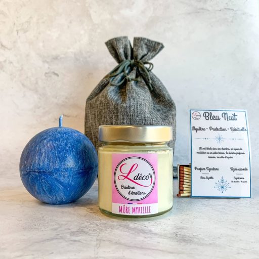 Cadeau duo bougie Capricorne signe astrologique sphère bleu nuit cire végétale + bougie parfumée mûre myrtille artisanale dans pochon tissu réutilisable Ldéco Made in France Vosges