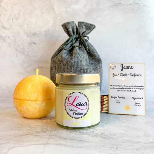 Cadeau duo bougie Gémeaux signe astrologique sphère jaune cire végétale + bougie parfumée monoï artisanale dans pochon tissu réutilisable Ldéco Made in France Vosges