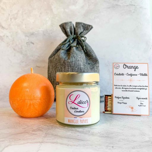 Cadeau duo bougies Lion signe astrologique sphère orange cire végétale naturelle + bougie parfumée mangue papaye artisanale dans un pochon tissu réutilisable Ldéco Made in France Vosges