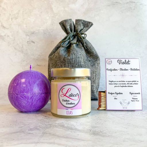 Cadeau duo bougie Poissons signe astrologique sphère violette cire végétale + bougie parfumée lilas artisanale dans pochon tissu réutilisable Ldéco Made in France Vosges