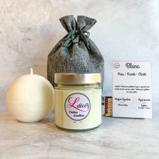 Cadeau duo bougie Sagittaire signe astrologique sphère blanche cire végétale + bougie parfumée fleur de coton artisanale dans pochon tissu réutilisable Ldéco Made in France Vosges