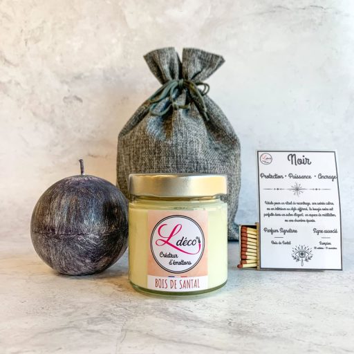 Cadeau duo bougie Scorpion signe astrologique sphère noire cire végétale + bougie parfumée bois de santal artisanale dans pochon tissu réutilisable Ldéco Made in France Vosges