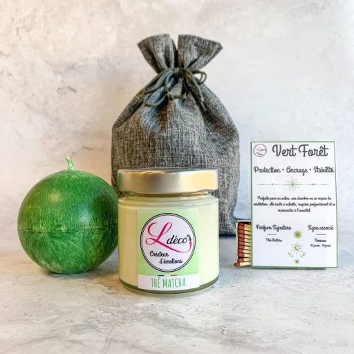 Cadeau duo bougie Verseau signe astrologique sphère vert forêt cire végétale + bougie parfumée thé matcha artisanale dans pochon tissu réutilisable Ldéco Made in France Vosges