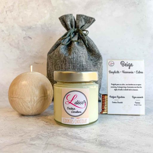 Duo bougies Gémeaux avec bougie sphère beige et bougie parfumée cookies chocolat
