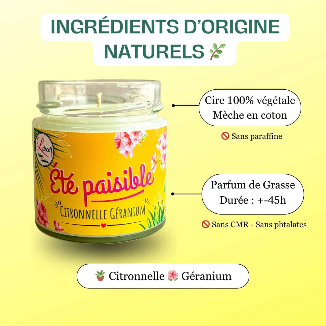 Gros plan surface cire végétale naturelle et mèche coton naturel bougie citronnelle géranium Été Paisible Ldéco artisanale Made in France Fraize Vosges