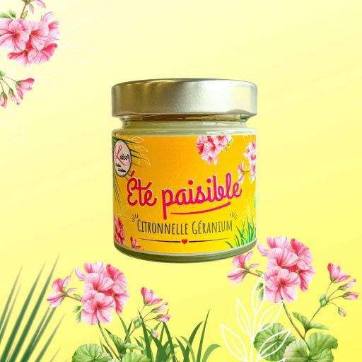 Bougie citronnelle géranium naturelle artisanale Été Paisible Ldéco en pot verre réutilisable pour terrasse d'été, cire végétale parfum Grasse sans CMR Made in France Vosges