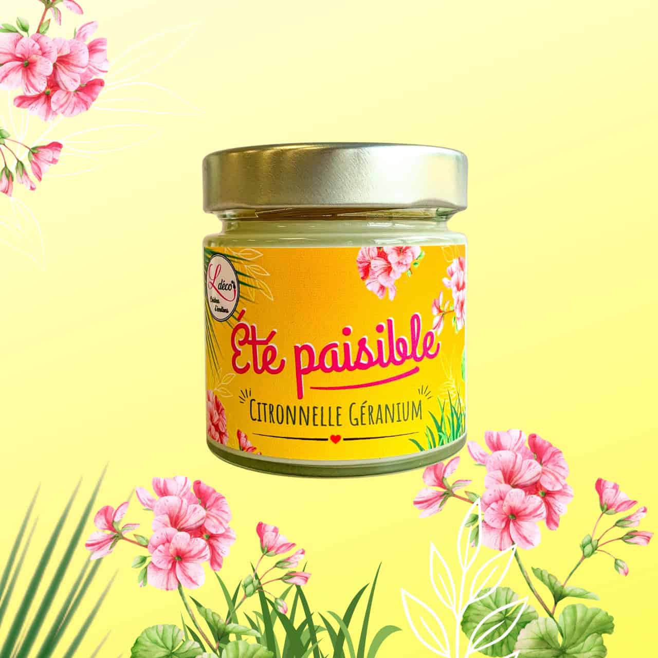 Bougie citronnelle géranium naturelle artisanale Été Paisible Ldéco en pot verre réutilisable pour terrasse d'été, cire végétale parfum Grasse sans CMR Made in France Vosges